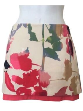 Diane Von Furstenberg Cream Floral Mini Skirt with Pink Hem